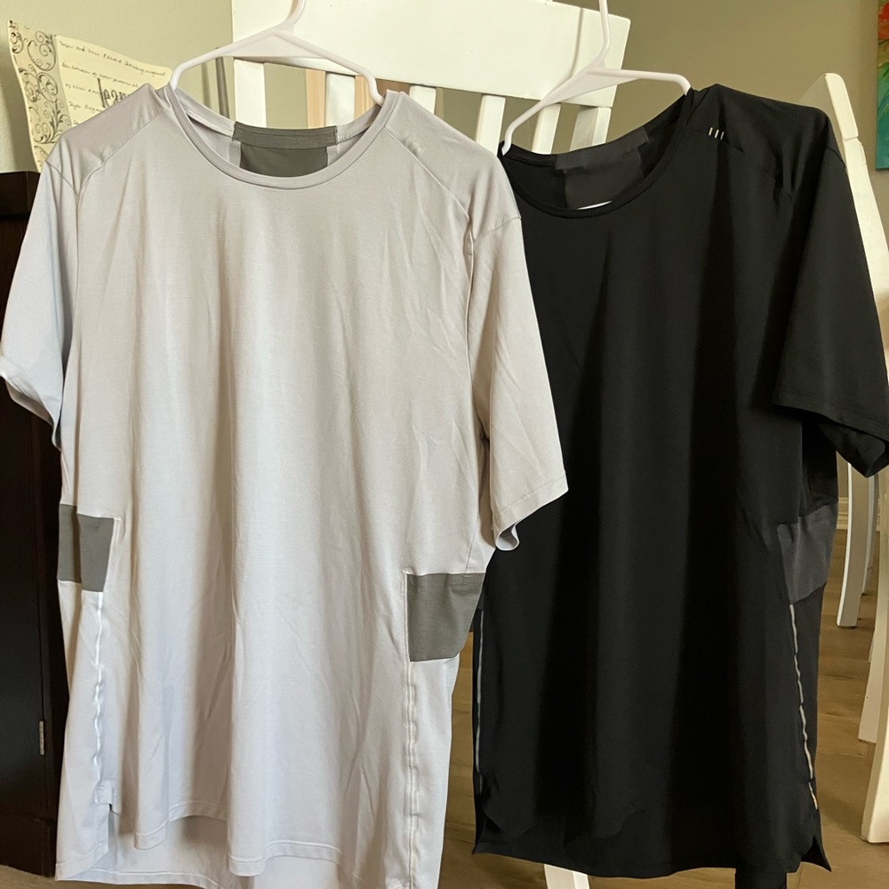 Pair of Lululemon Free and Fast mesh T-shirts, medium